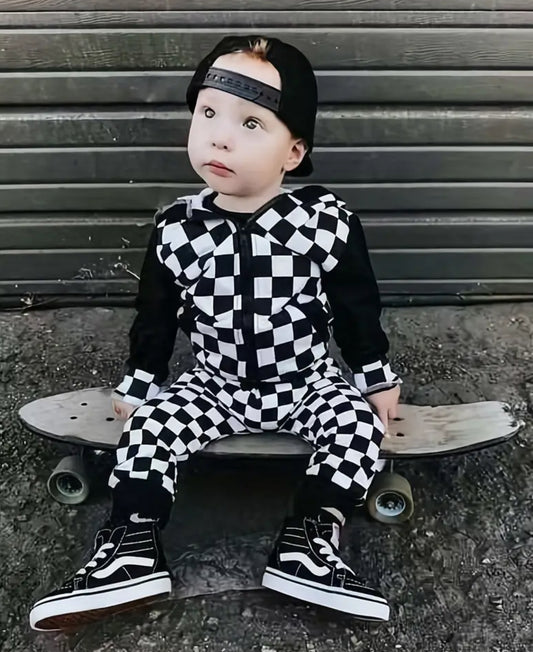 “Rocky” Checkerboard, Zip Up Sweatshirt Top / Pants, 2pcs Outfit Toddler