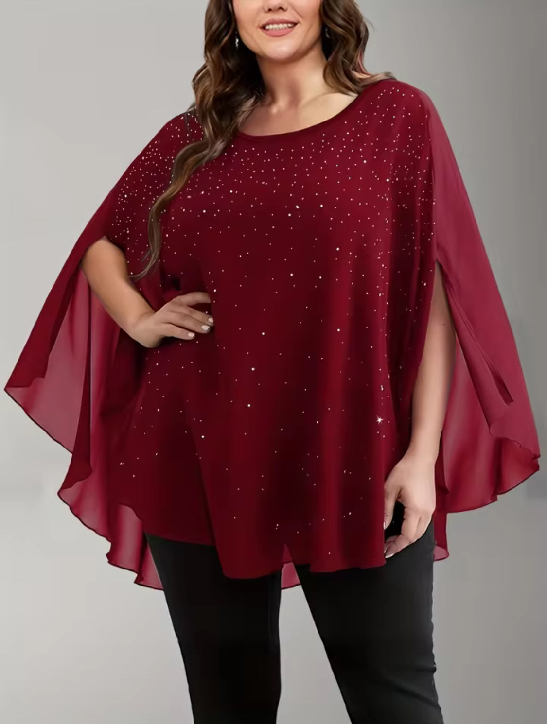 Elegant Sequined Chiffon Slit Sleeve Top