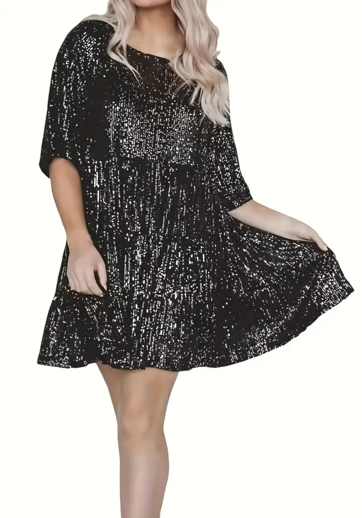 “Black Sequined Elegance” Half Sleeve Crew Neck, Loose Dress, Plus