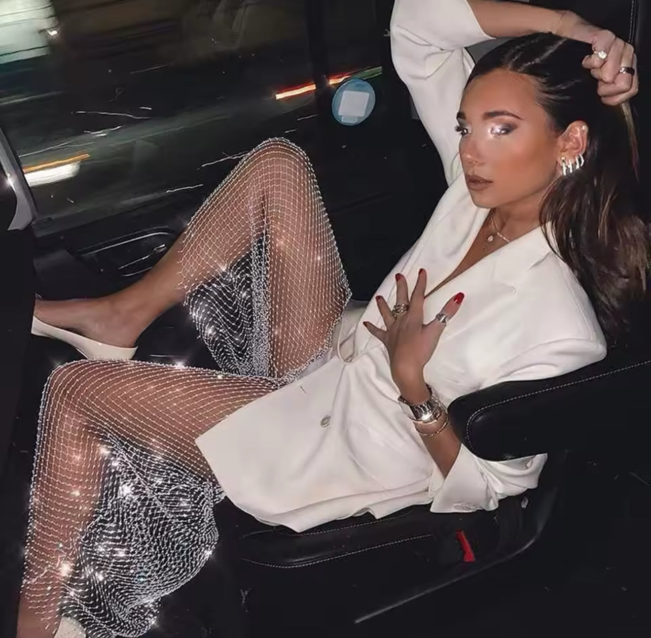 “TAO Rhinestones” Sexy Fishnet Sparkling ClubWear Pants, See Through, Wide Leg