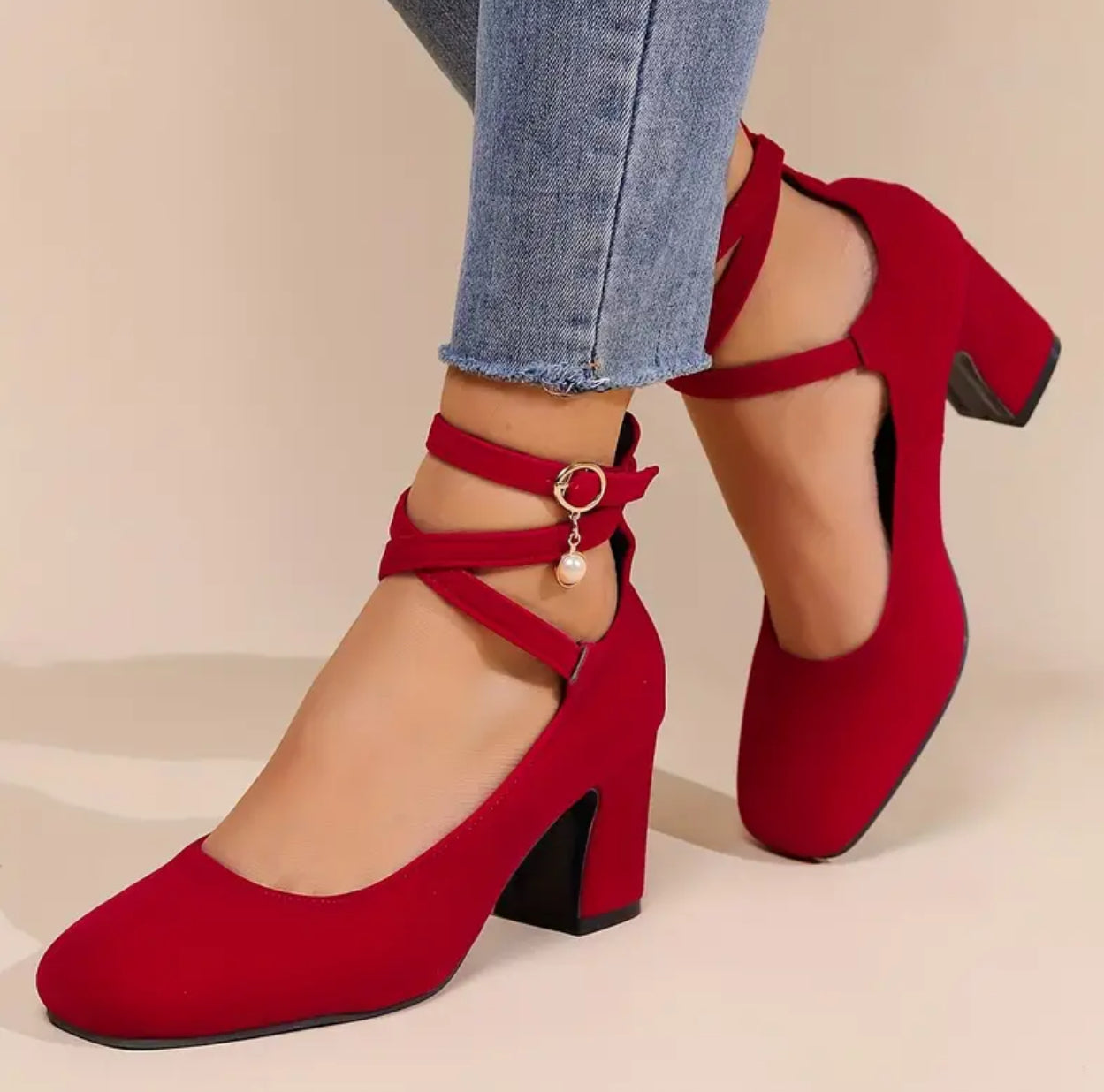 “Serenity” Crisscross Chic Heels, Secure Ankle Strap, Block High Heels for Evening Glamour, Women’s