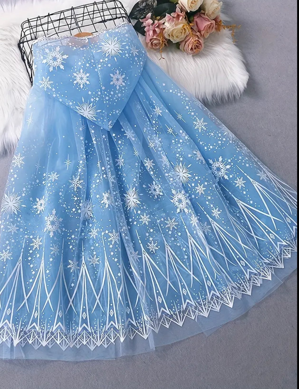 Girls' ❄️ Magical Blue Tulle Cape Dress with White Snowflakes | 29 Inches Long  