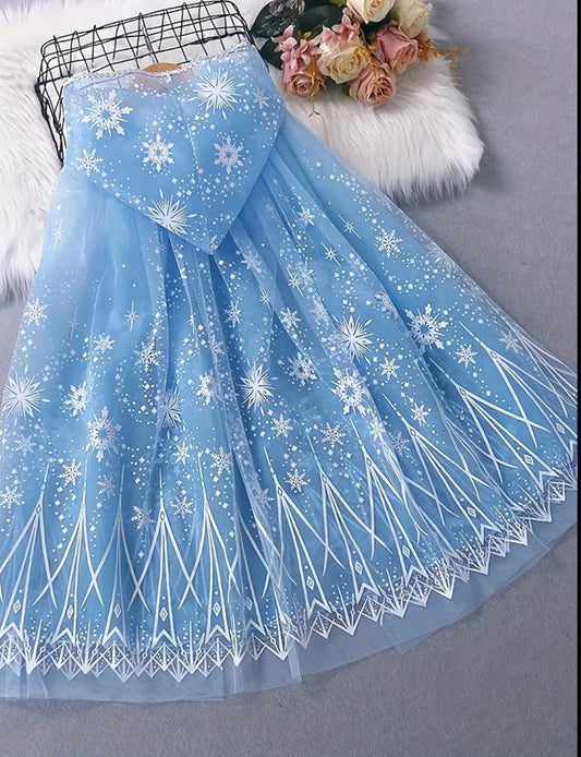 Girls' ❄️ Magical Blue Tulle Cape Dress with White Snowflakes | 29 Inches Long  