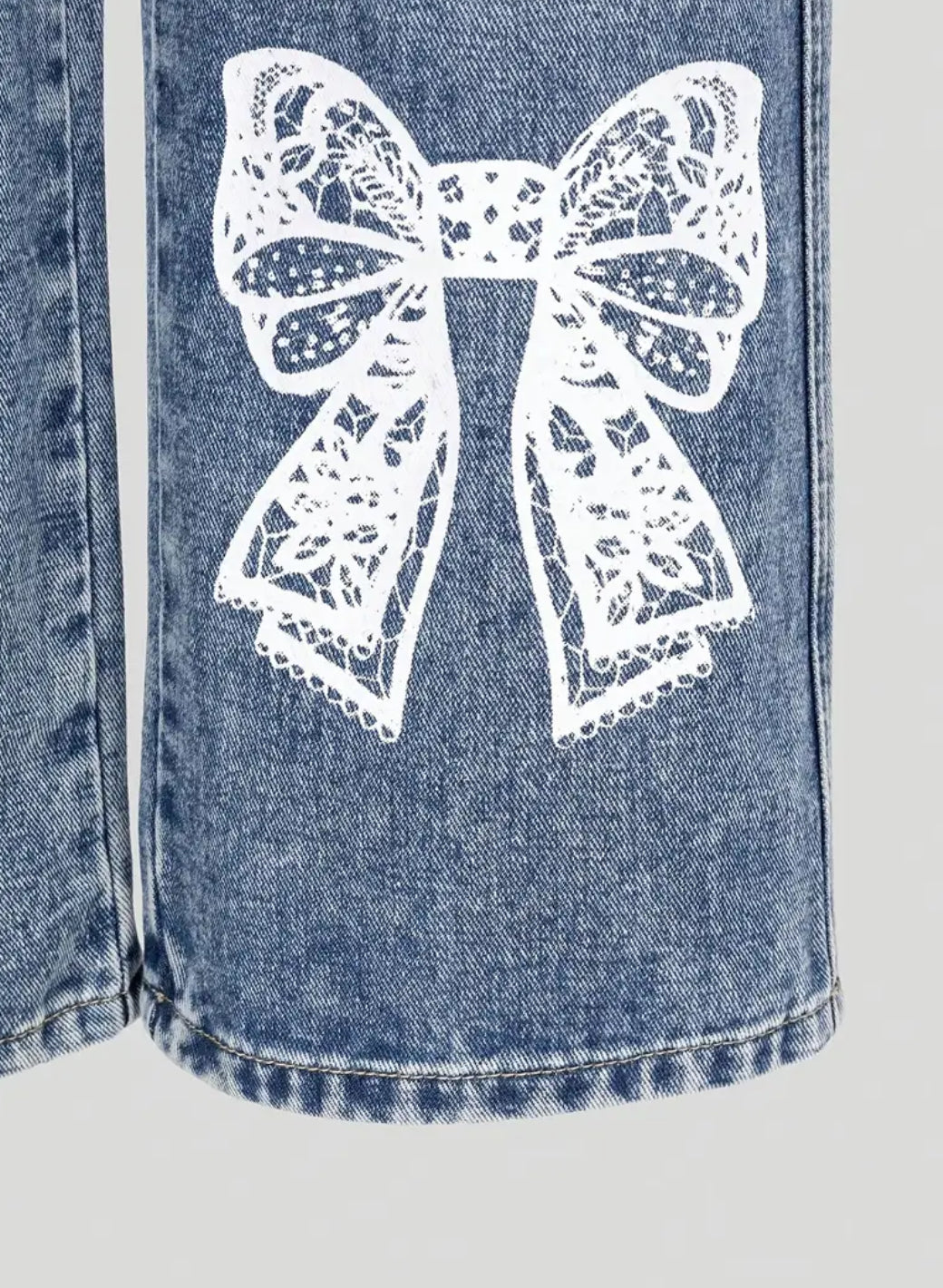 Girls' Print Lace Bow Pattern Fashion Straight-Leg Jeans