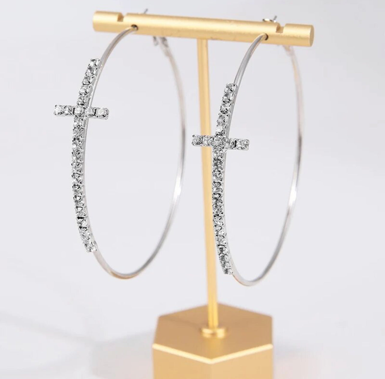 Gold Plated Cross Design Hoop Earrings with Shiny Rhinestone Inlay - Trendy Minimalist Style Jewelry for Women