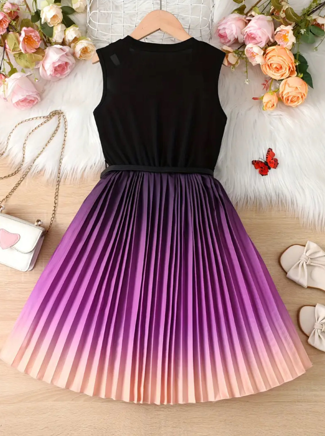 Girls Gradient Pleated Sleeveless Dress with Belt, Elegant Fashion Party Dresses, My Family & Me Collection 🧸🧸