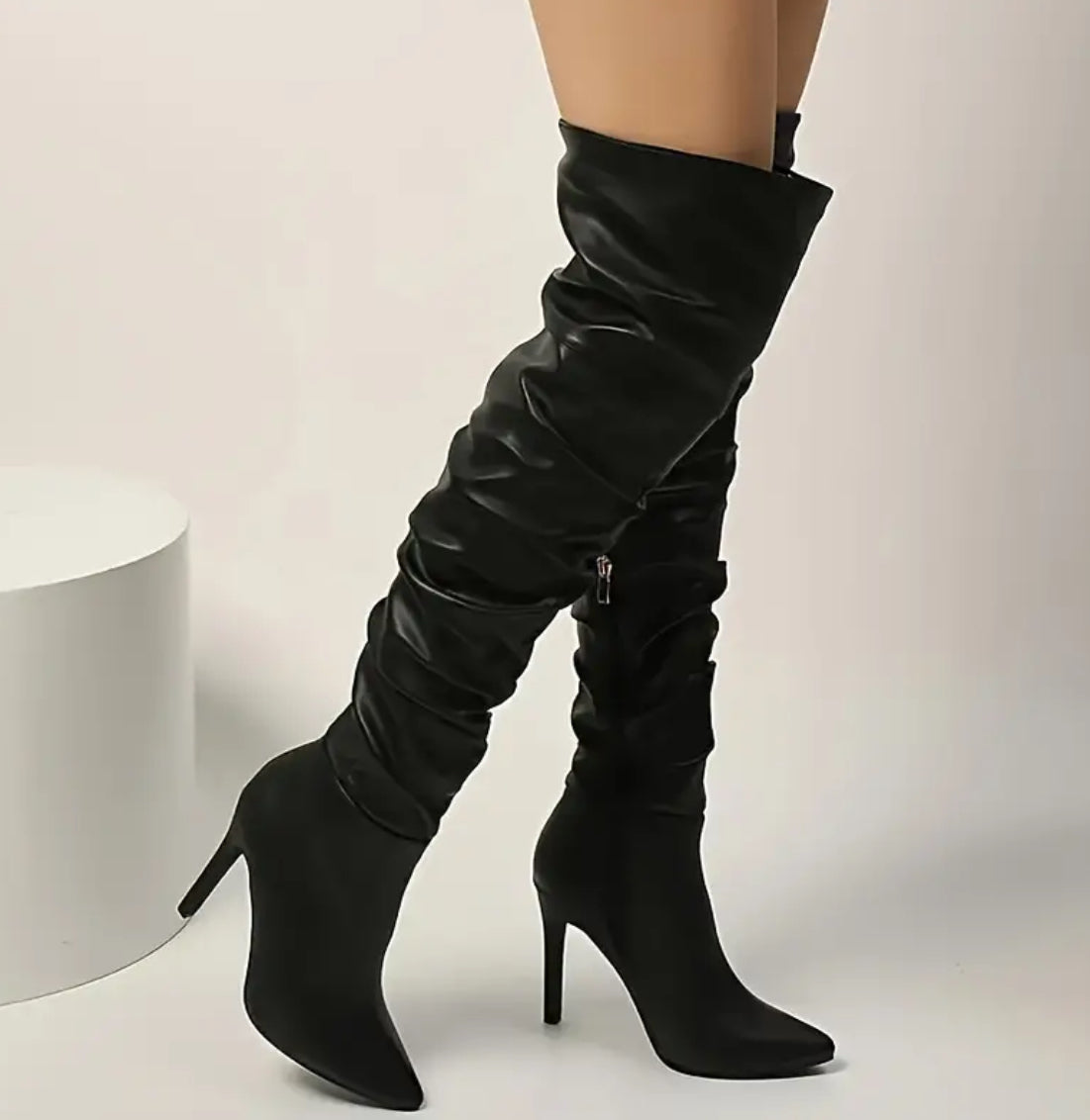 “Midnight” Over-the-Knee Stiletto Boots With Side Zipper And Stretch Fit