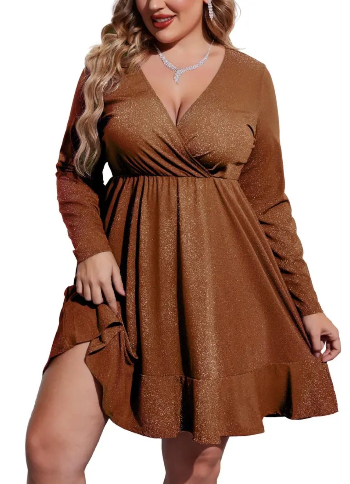 ELESOL  Plus Size Womens Glitter Dress V Neck Long Sleeve Ruffle Hem Swing Club Cocktail Party Dresses