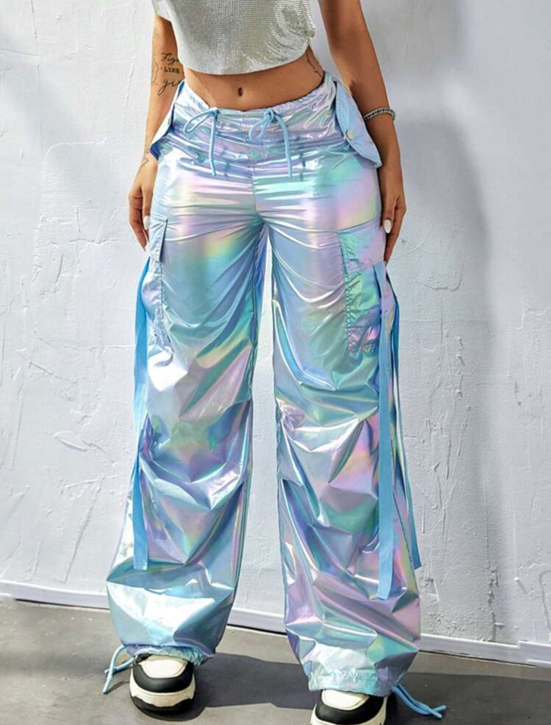 “Y2K Holographic” Flap Pocket, Tape Drawstring Waist, Wide Leg Parachute Cargo Streetwear