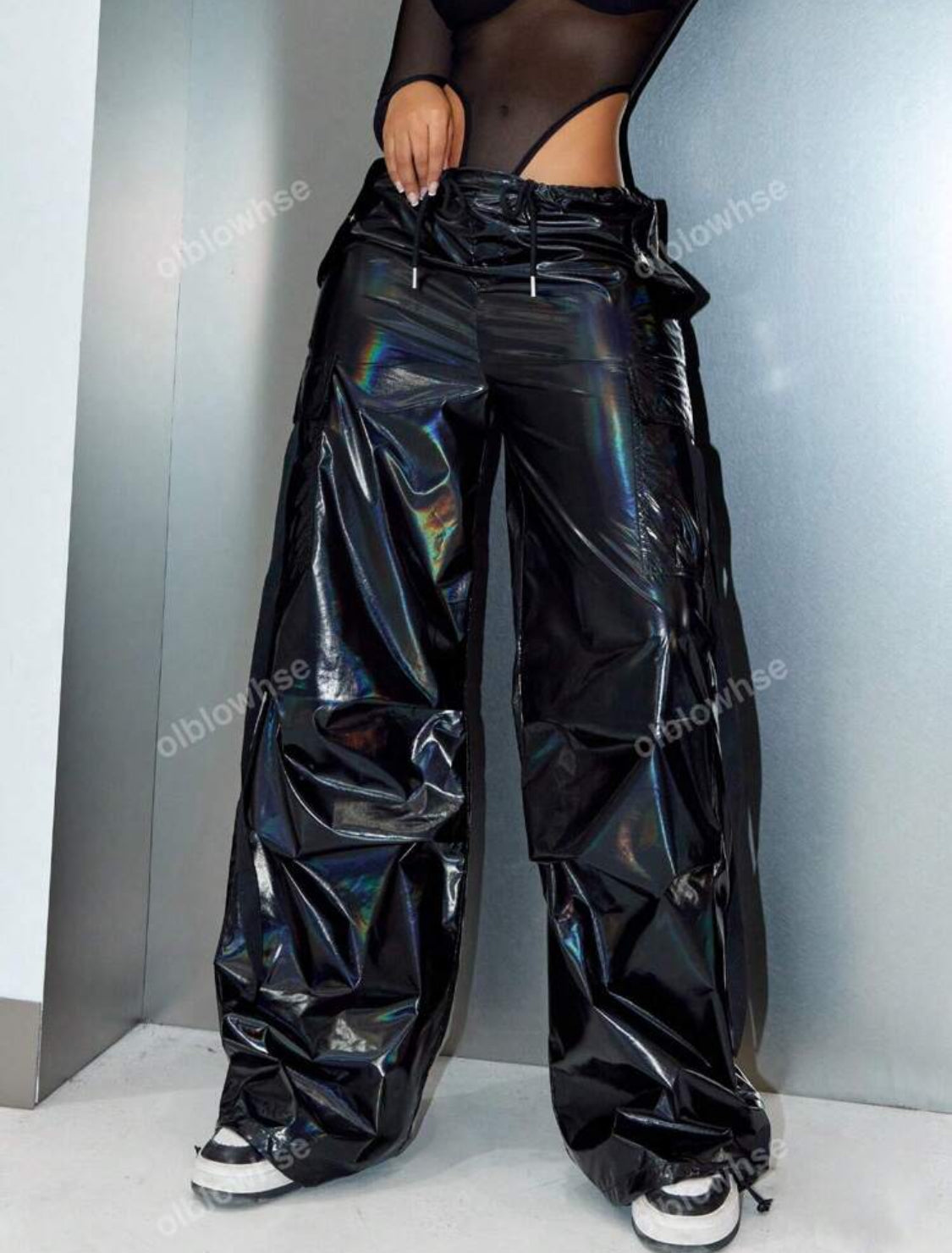 “Y2K Holographic” Flap Pocket, Tape Drawstring Waist, Wide Leg Parachute Cargo Streetwear