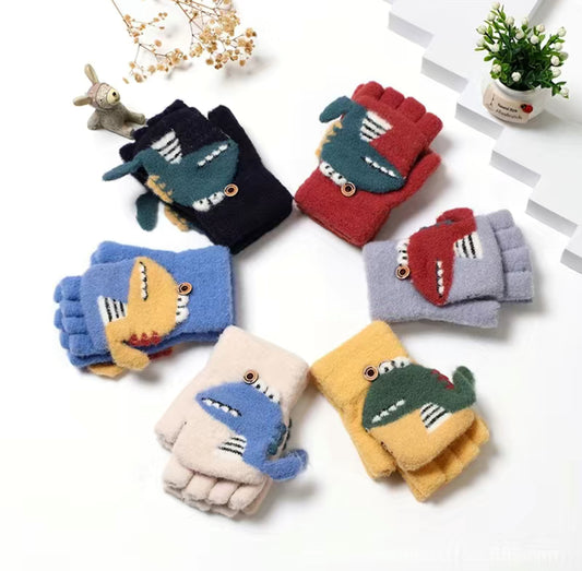 1pair Cute dinosaur warm half finger gloves, cold resistant split finger flip gloves