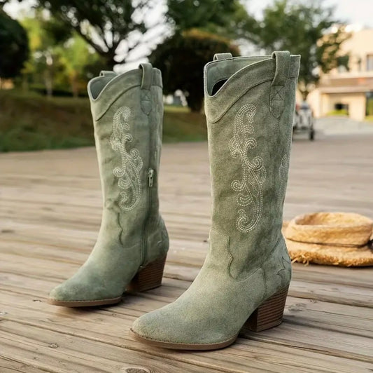 Botas de tacón grueso, botas de punta puntiaguda a la moda, botas con cremallera lateral