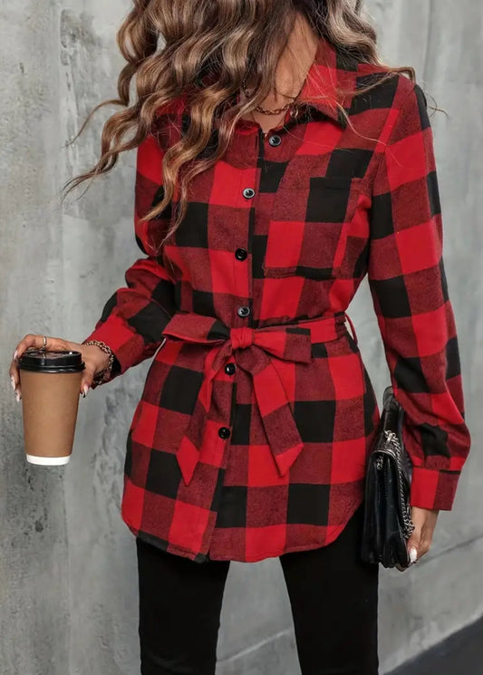 “Holly Jolly” Elegant Plaid Long-Sleeve Shirt with Belt