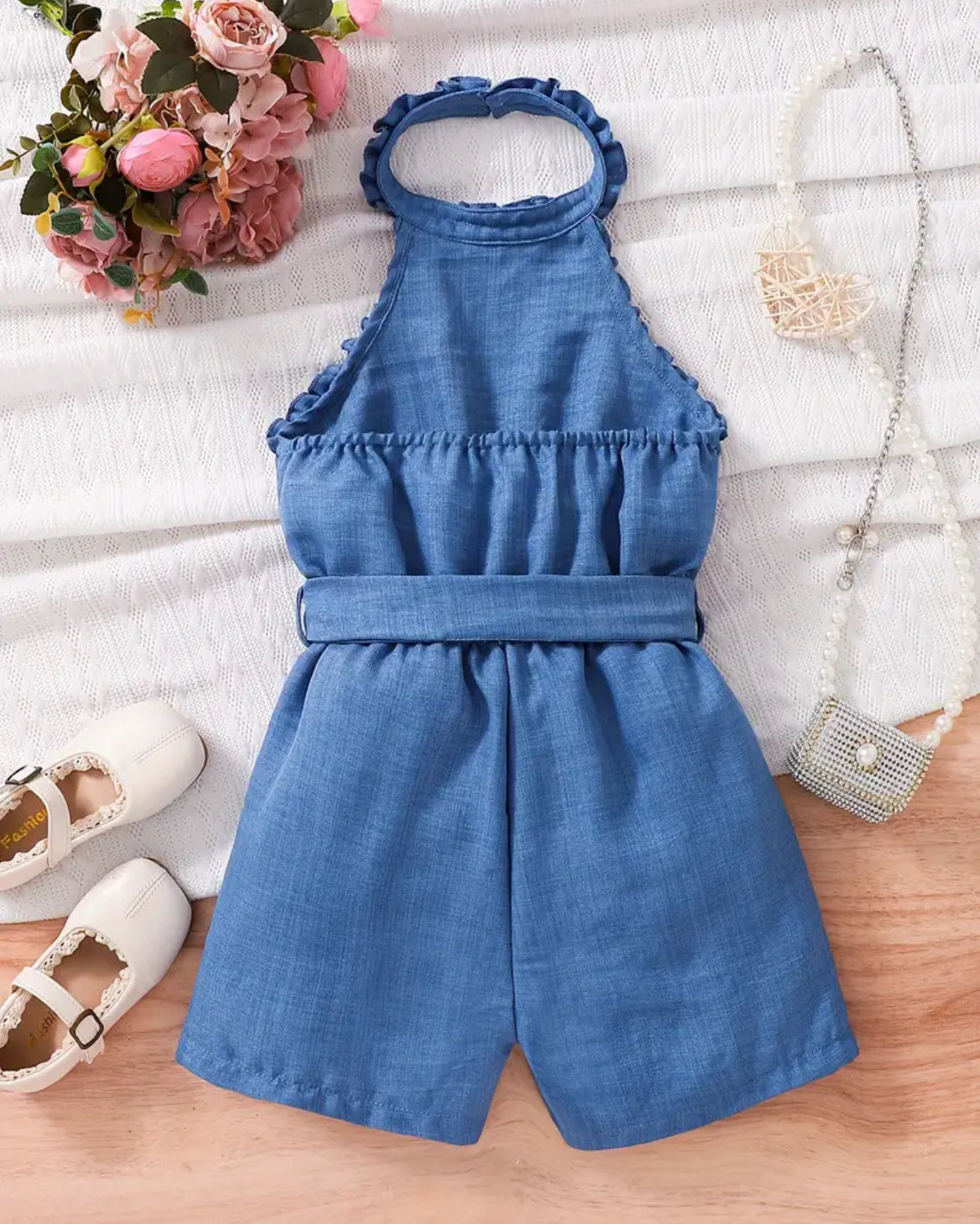 Girls “Sky” Jumpsuit, Strapless Woven Fabric, Slingback Top