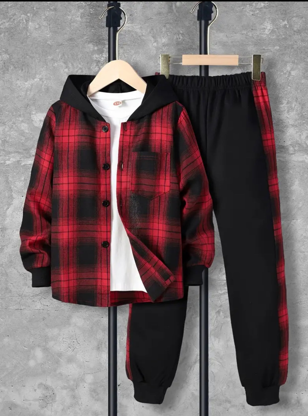 2pcs Boy's Plaid Pattern Hooded Shirt & Sweatpants Set