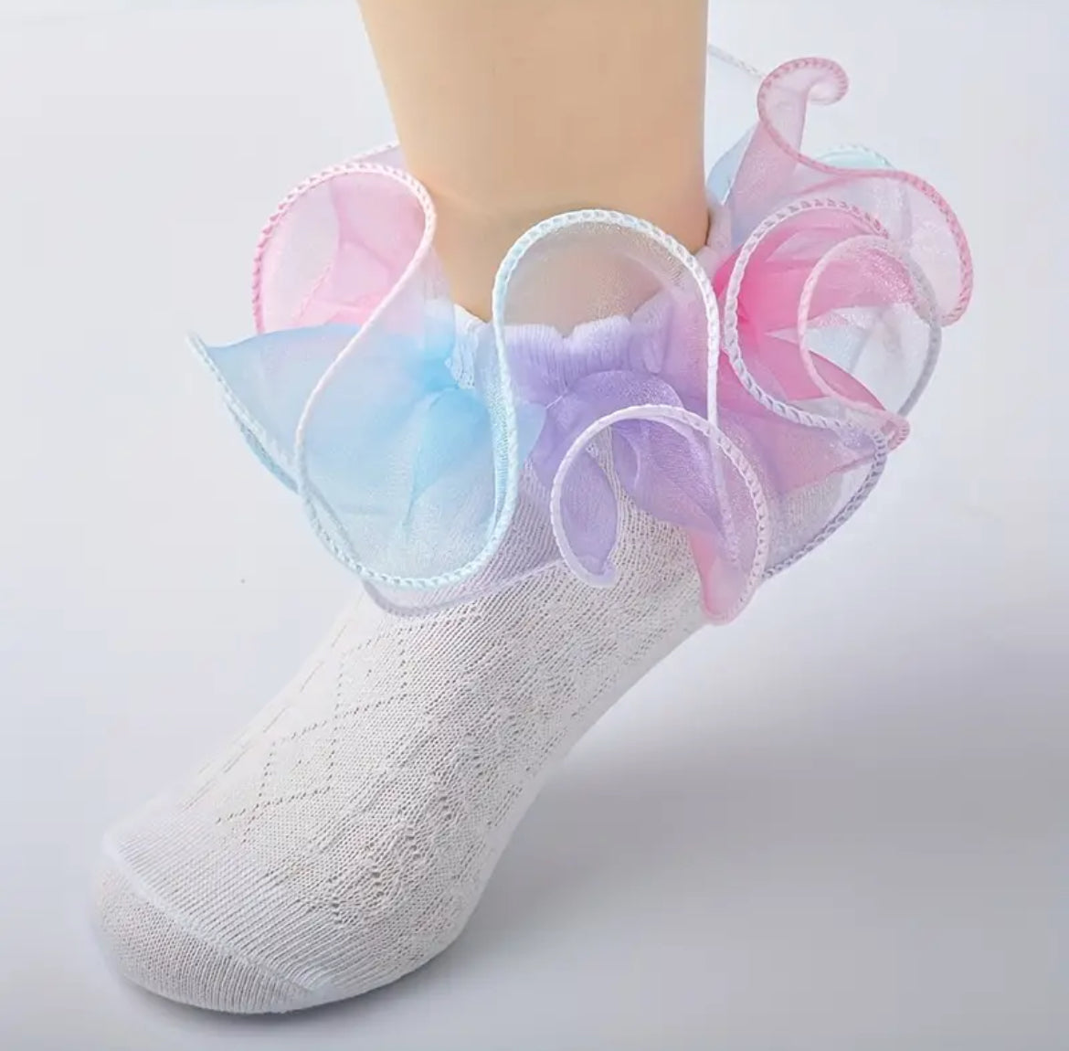 Calcetines de princesa con volantes de encaje de doble capa y arcoíris, colección para niñas pequeñas