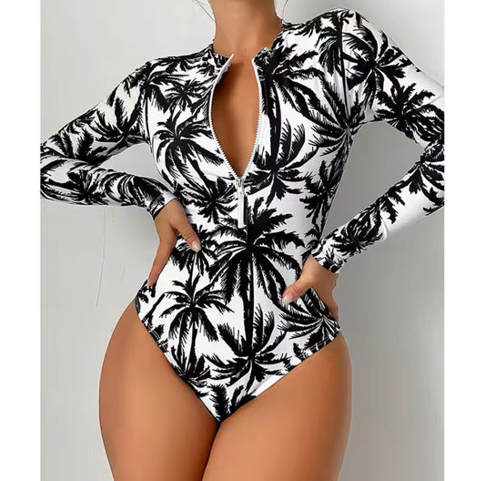 Women’s One Piece Long Sleeve Cali Noir Palms Swimwear