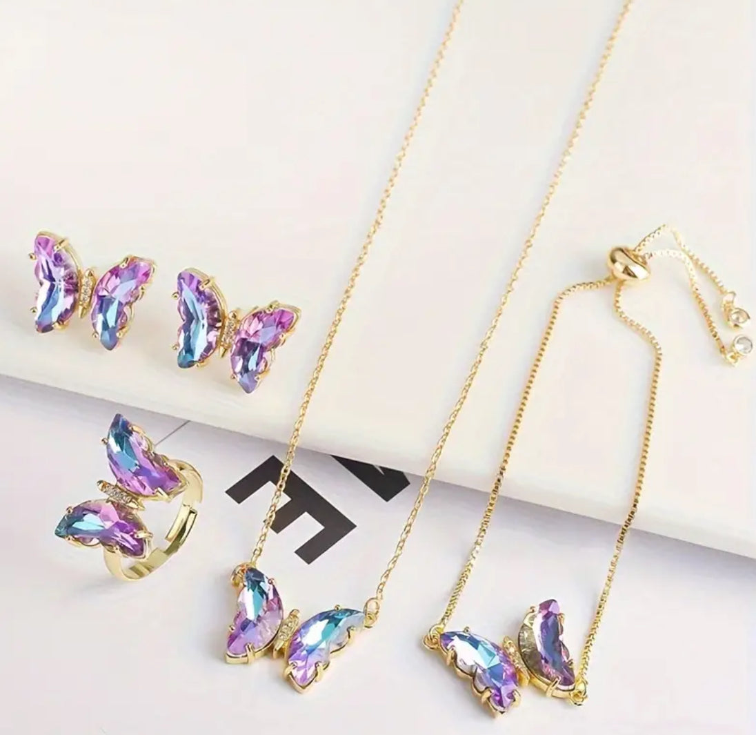 5pcs “Rhinestone Butterfly” Pendant Earrings + Necklace + Bracelet + Ring