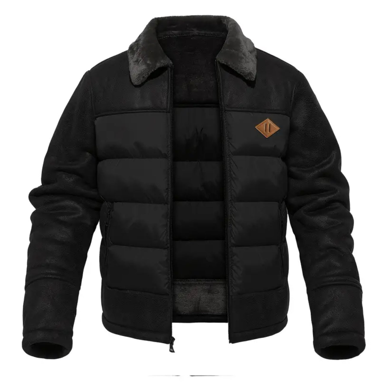 Men's Casual Warm Faux Leather Jacket, Chic Faux Fur Collar Quilted Jacket For Fall Winter