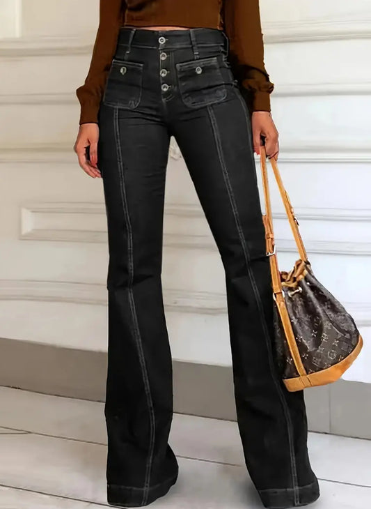 “Chic Autumn” Bell Bottom Jeans, Stretchy Mid-Rise Pintuck Flared, Casual Washed Style, High-Quality Fabric