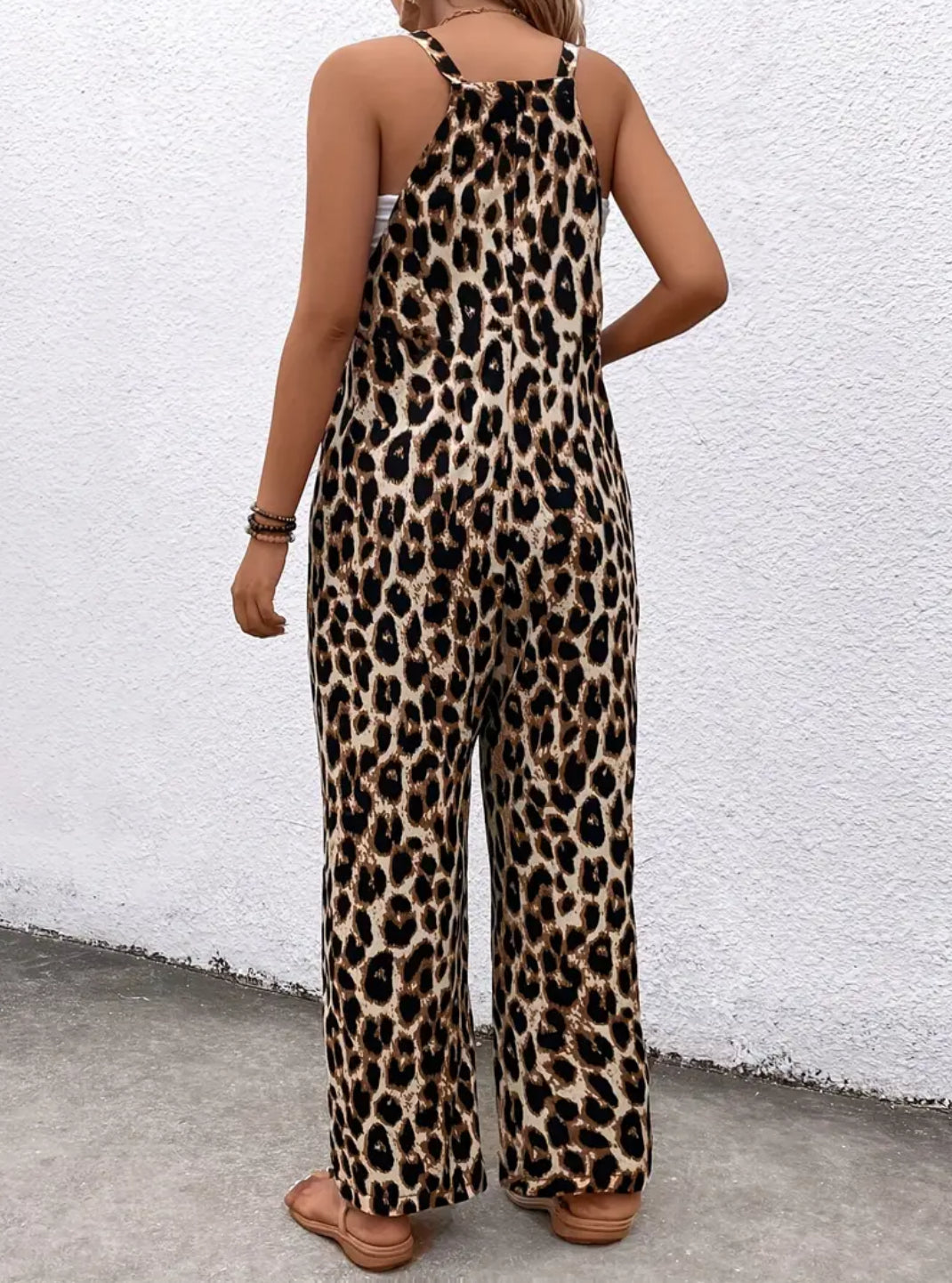 Leopard Wide Strap Overall, Wide Leg Jumpsuit