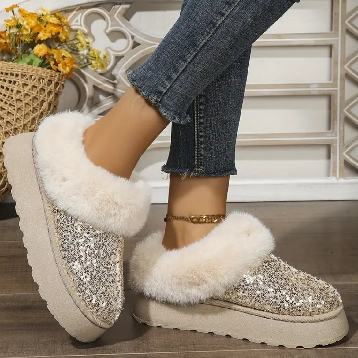 Women's Sequin Fur Lined Winter Warm Slip-On, In Door-Outdoor Slippers