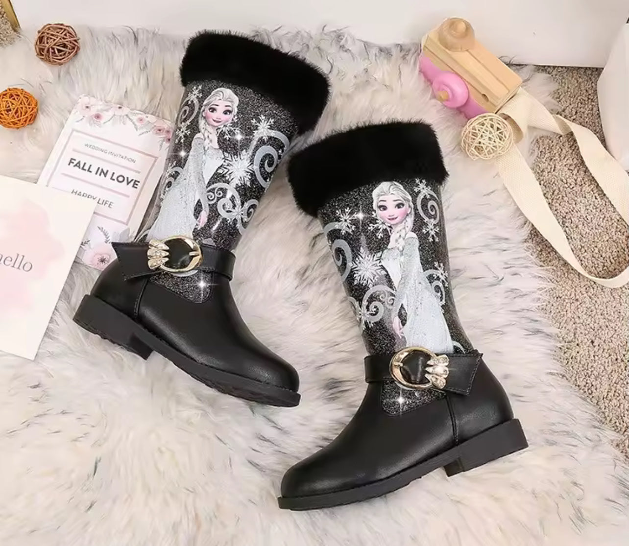 “ELSA” Tall Plush Low Heel Leather Side Zipper Boots