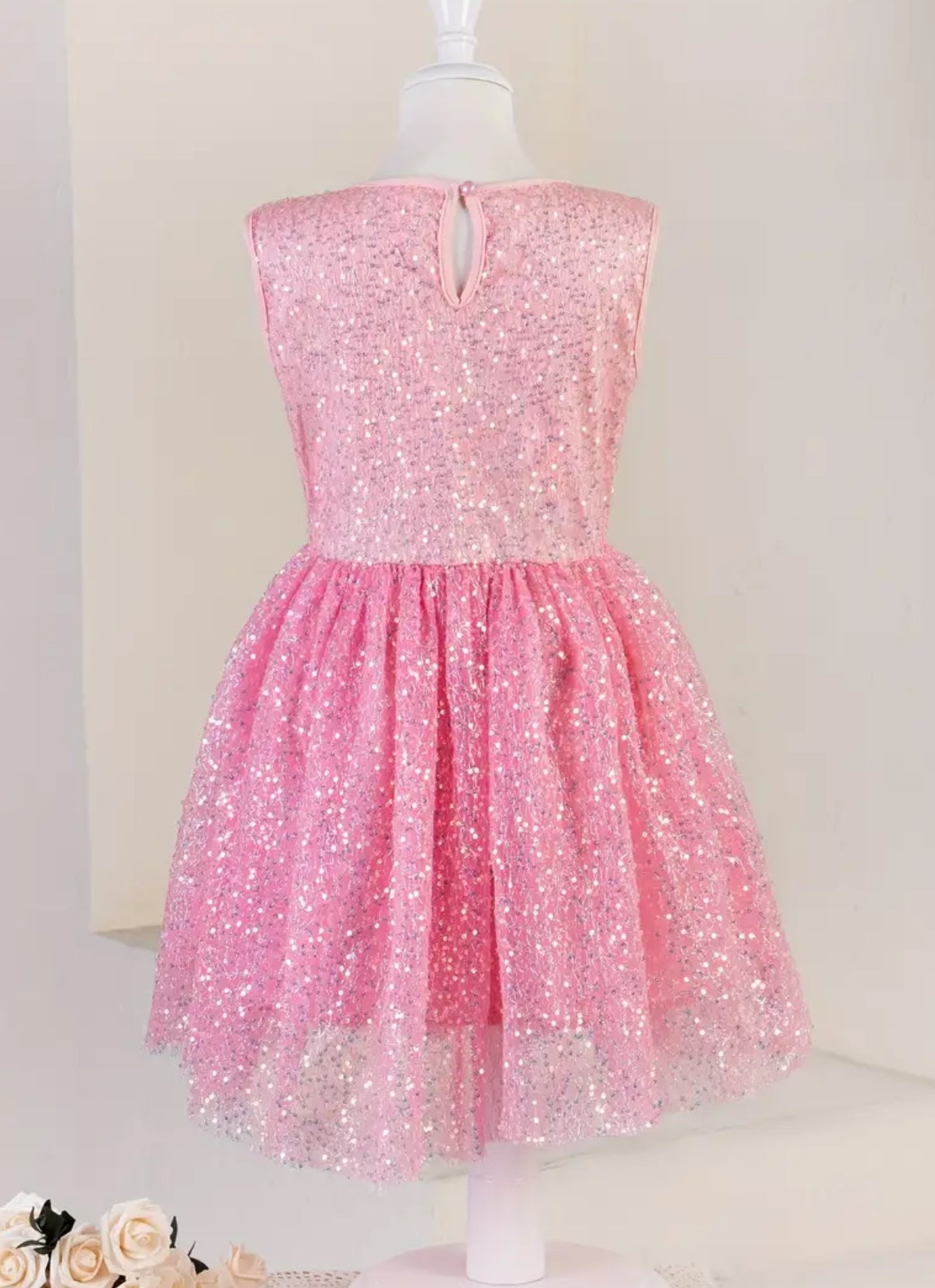 Hermoso vestido de lentejuelas superpuestas para niñas, vestido de fiesta sin mangas de malla