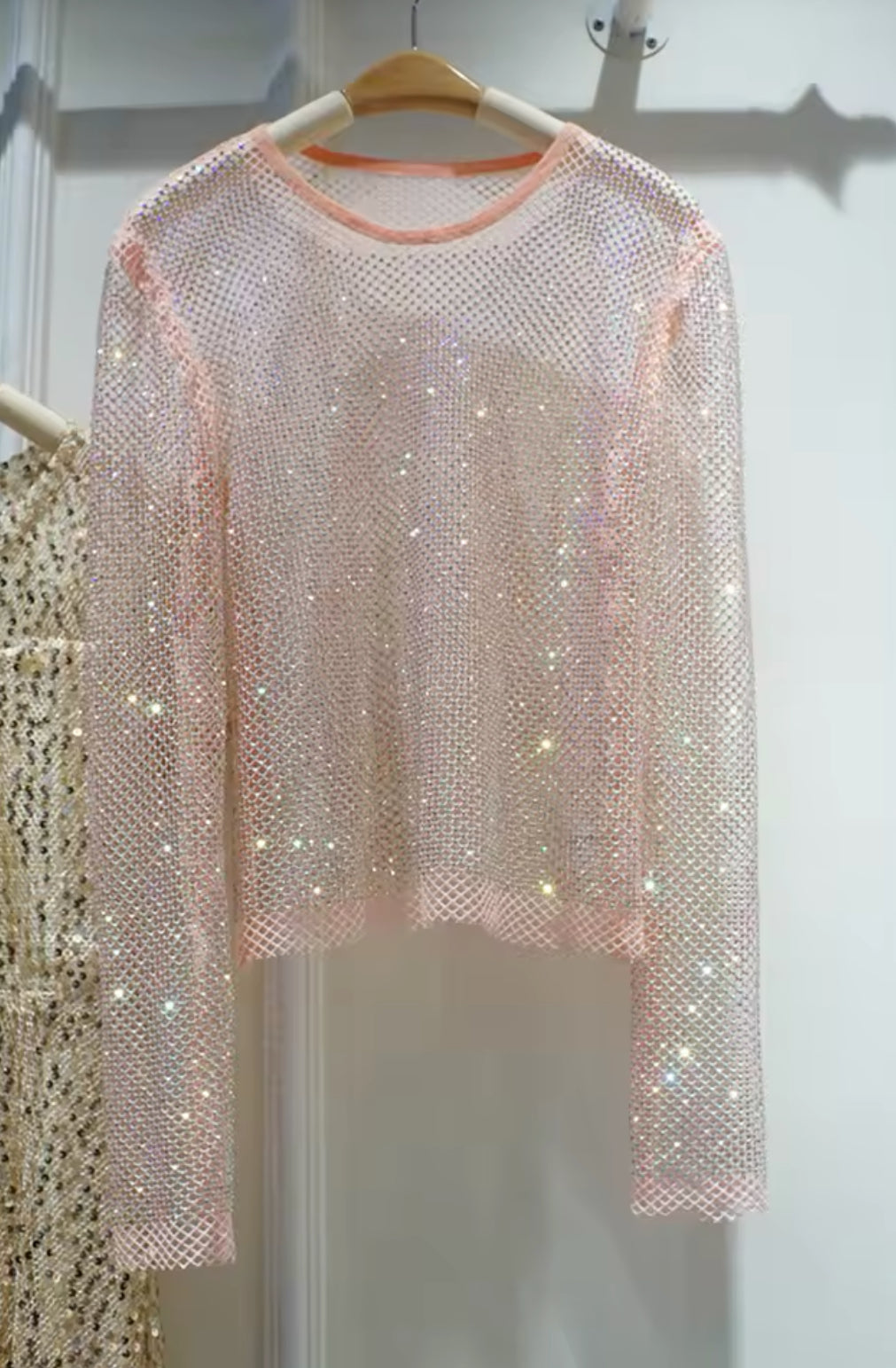 “Starlight” Rhinestone Round Neck Long Sleeve, Hollow Blouse