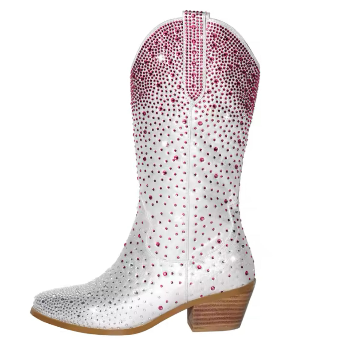 “Western & Rhinestones” Cowboy Boots, Stacked Block Heel, Mid Calf, Zipper Closure, PU Faux Leather Upper