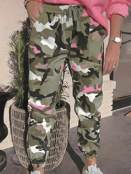 Pantallona jogger me fije vizatimi Camo Print, Pantallona rastësore me xhep, Veshje për femra