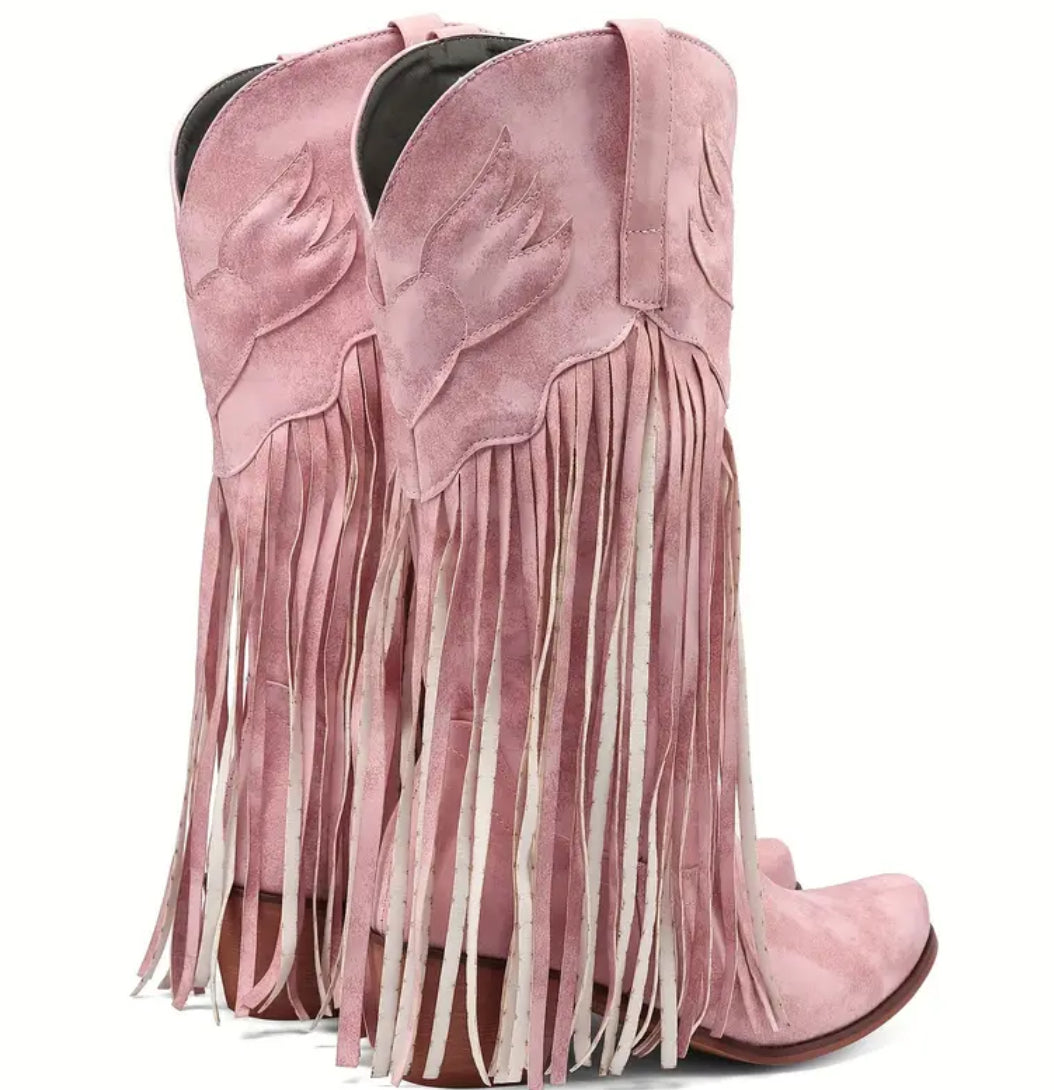 Women Fringe Tassel Cowgirl Boots Stacked Heel Retro Boots | Mid Calf Embroidered