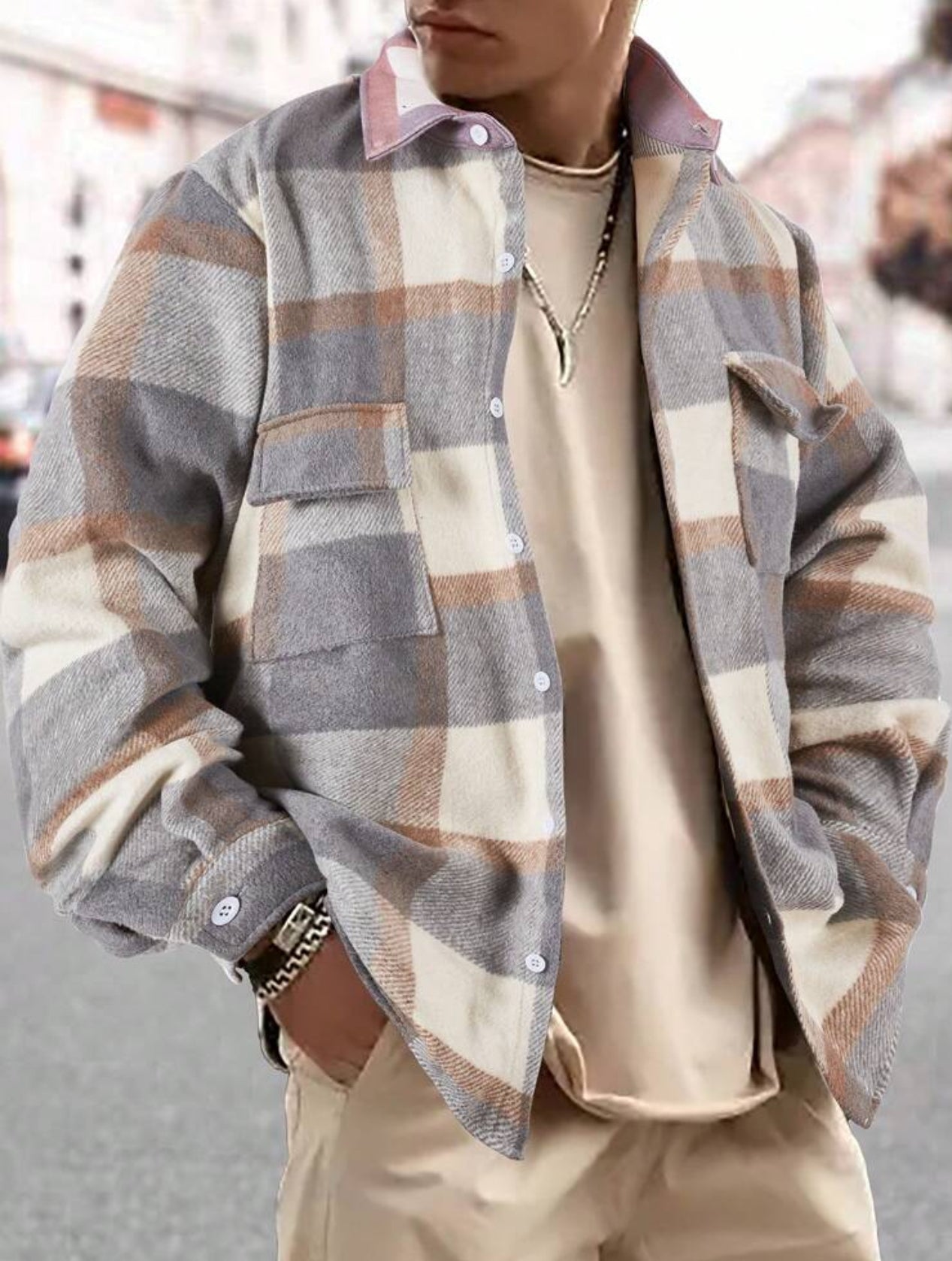 “So Handsome” Plaid Flannel Print, Flap Pocket Jacket, Tan and Touch of Lavender on Collar