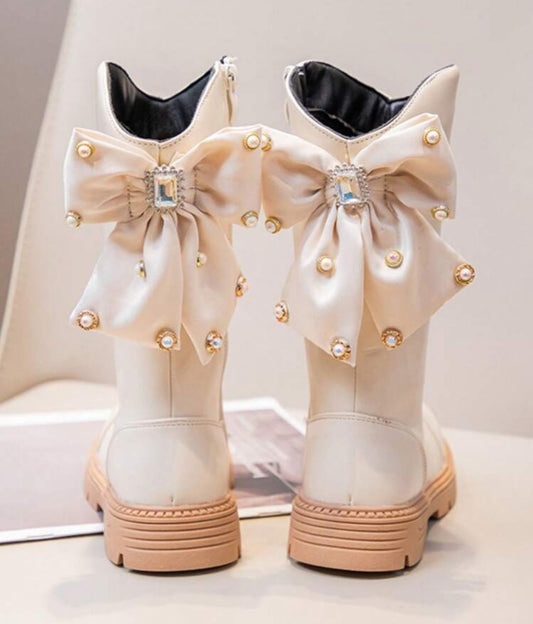 “Snow White” Warm High-Top, Cute Bow & Rhinestone Decor, Thick Thermal Lined Lining, Leather Boots