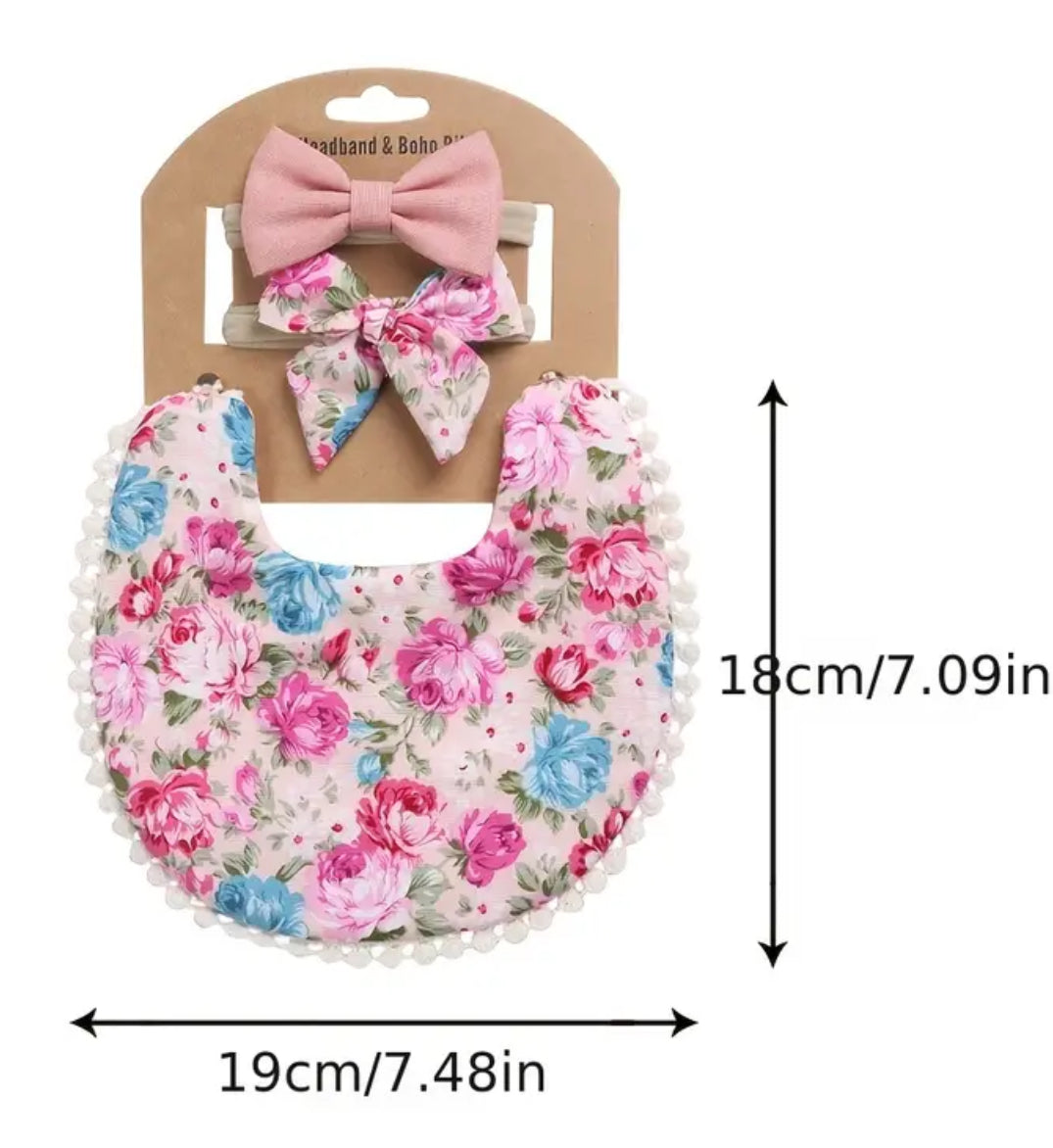 Cute Floral Cotton Newborn Baby Bib & Headband Set