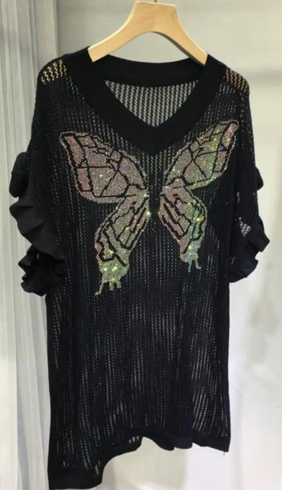 Oversized T-shirt Dress,V-neck Knitted Thin Diamond Butterflies, Up to 4XL