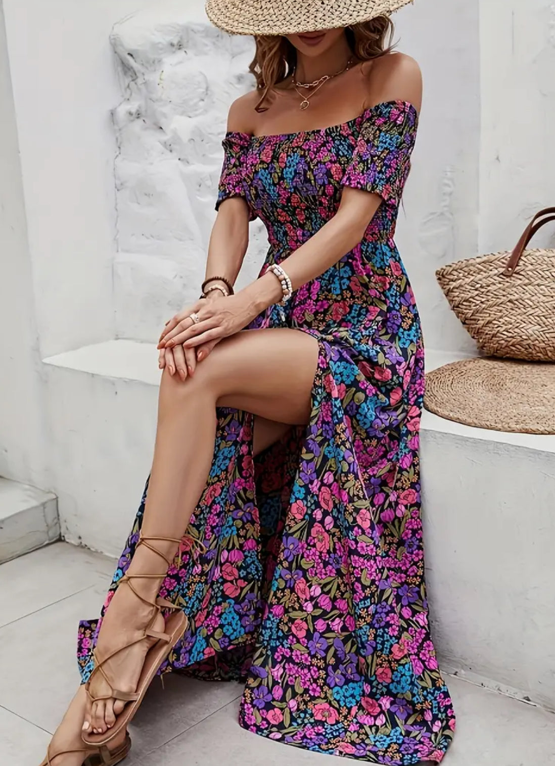 “Floral Fantasy” Off Shoulder Dress, Elegant Backless Shirred Short Sleeve Split Dress