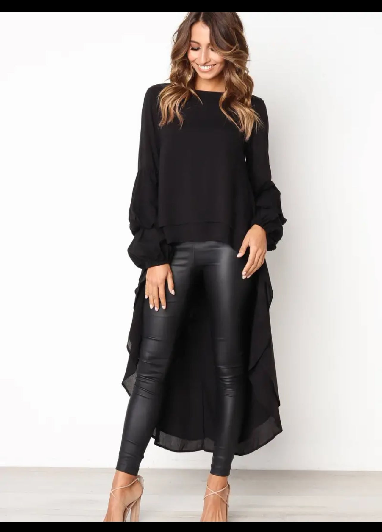 Solid Crew Neck Asymmetrical, Lantern Long Sleeve Top, Posh 💋 Mommies Collection