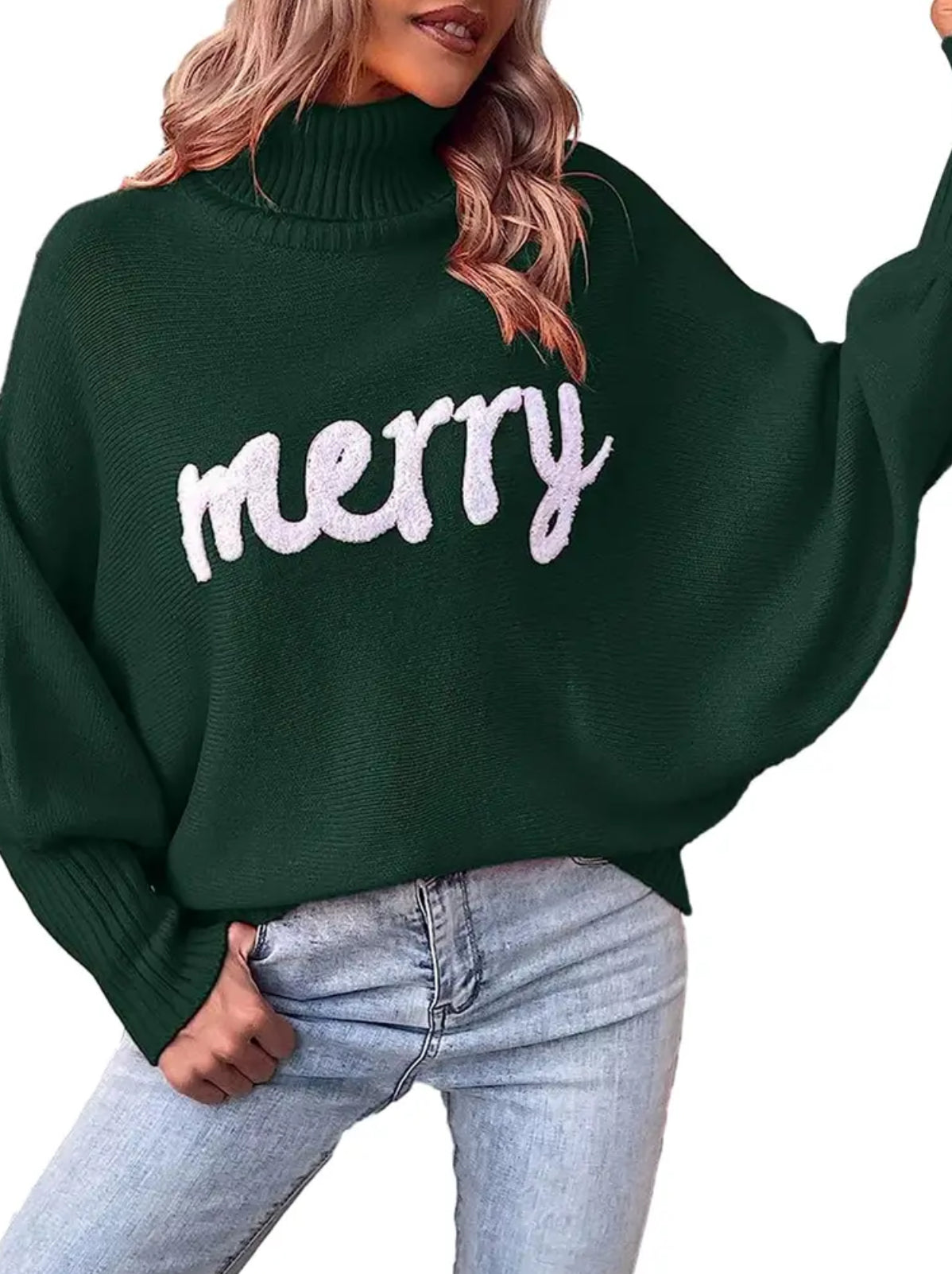 “Merry” Long Sleeve Turtleneck Merry Letter Embroidery Chunky Knit Sweatshirt Casual Loose Pullover