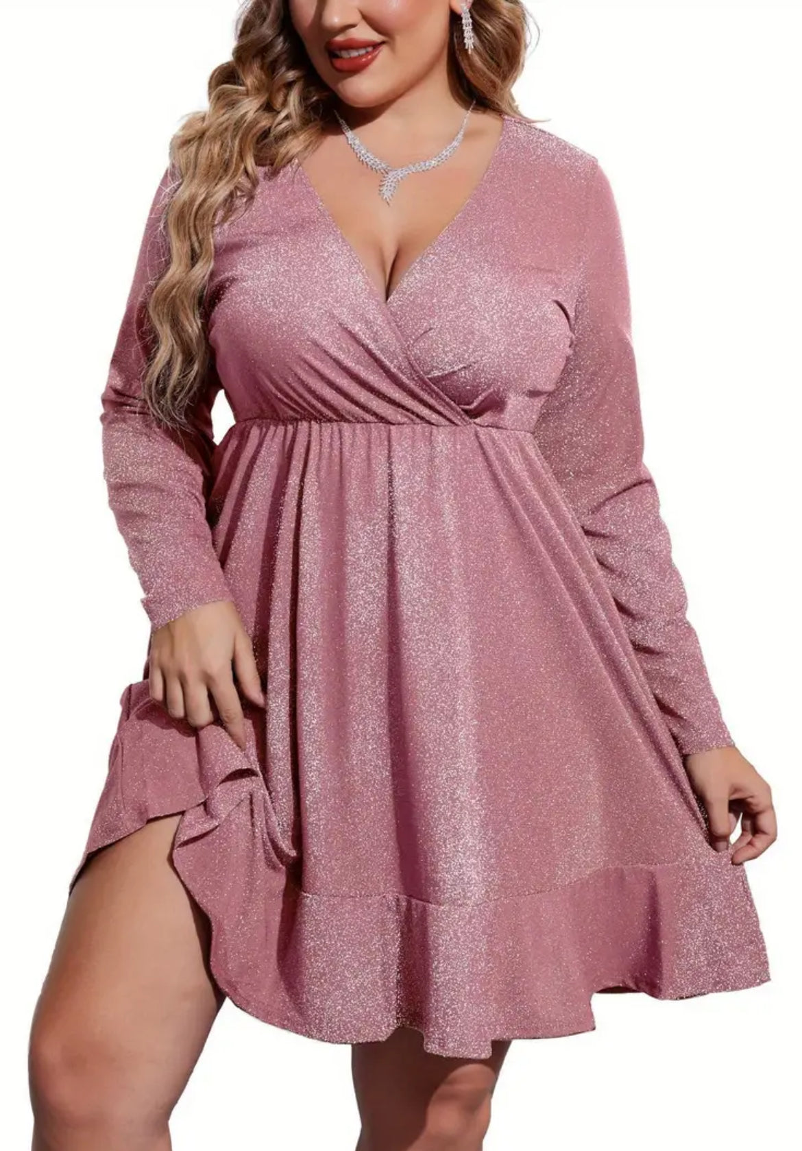 ELESOL  Plus Size Womens Glitter Dress V Neck Long Sleeve Ruffle Hem Swing Club Cocktail Party Dresses