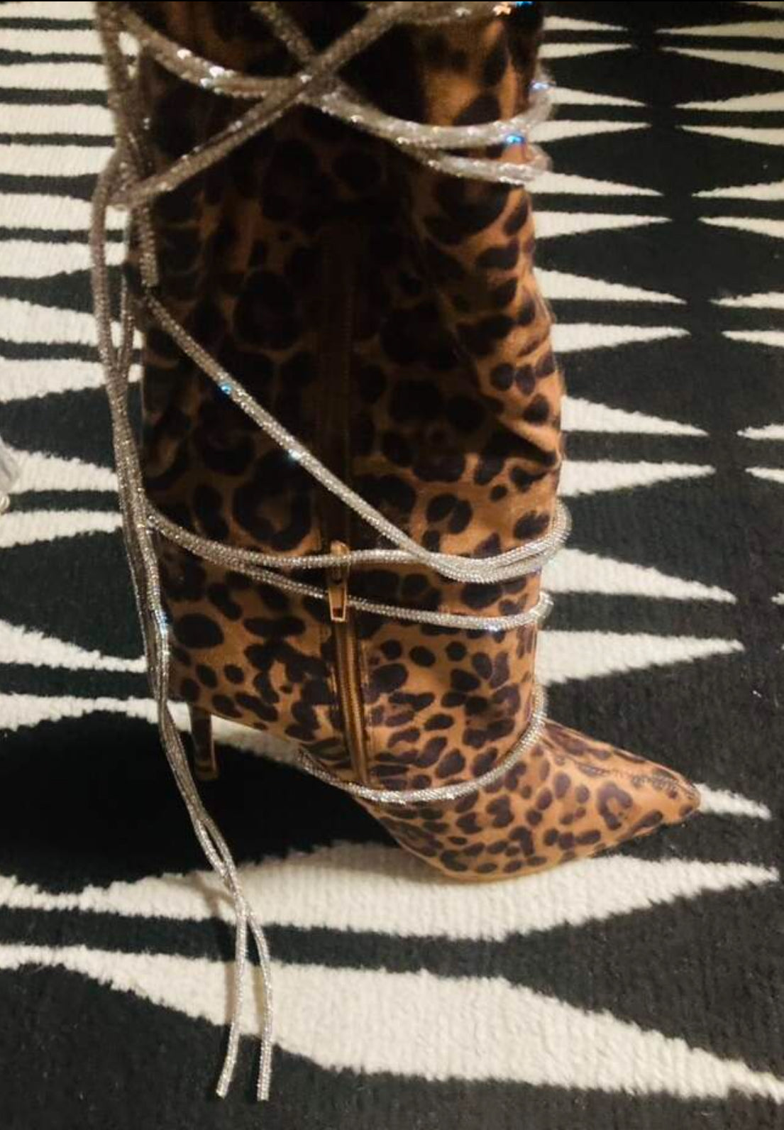 “Rhinestone Lace Up” Stiletto Heeled Boots, Leopard or Black