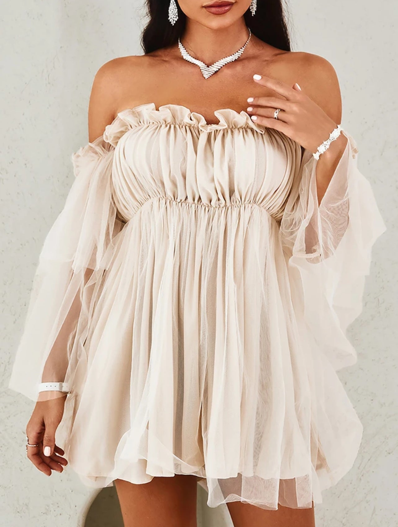 Off Shoulder Frill Trim Sheer Mesh Swing Dress