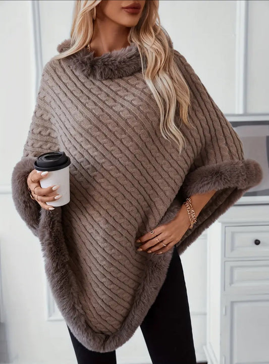 Cozy Vintage-Inspired Knit Cape with Faux Fur Collar - Women's Loose Pullover Sweater Shawl