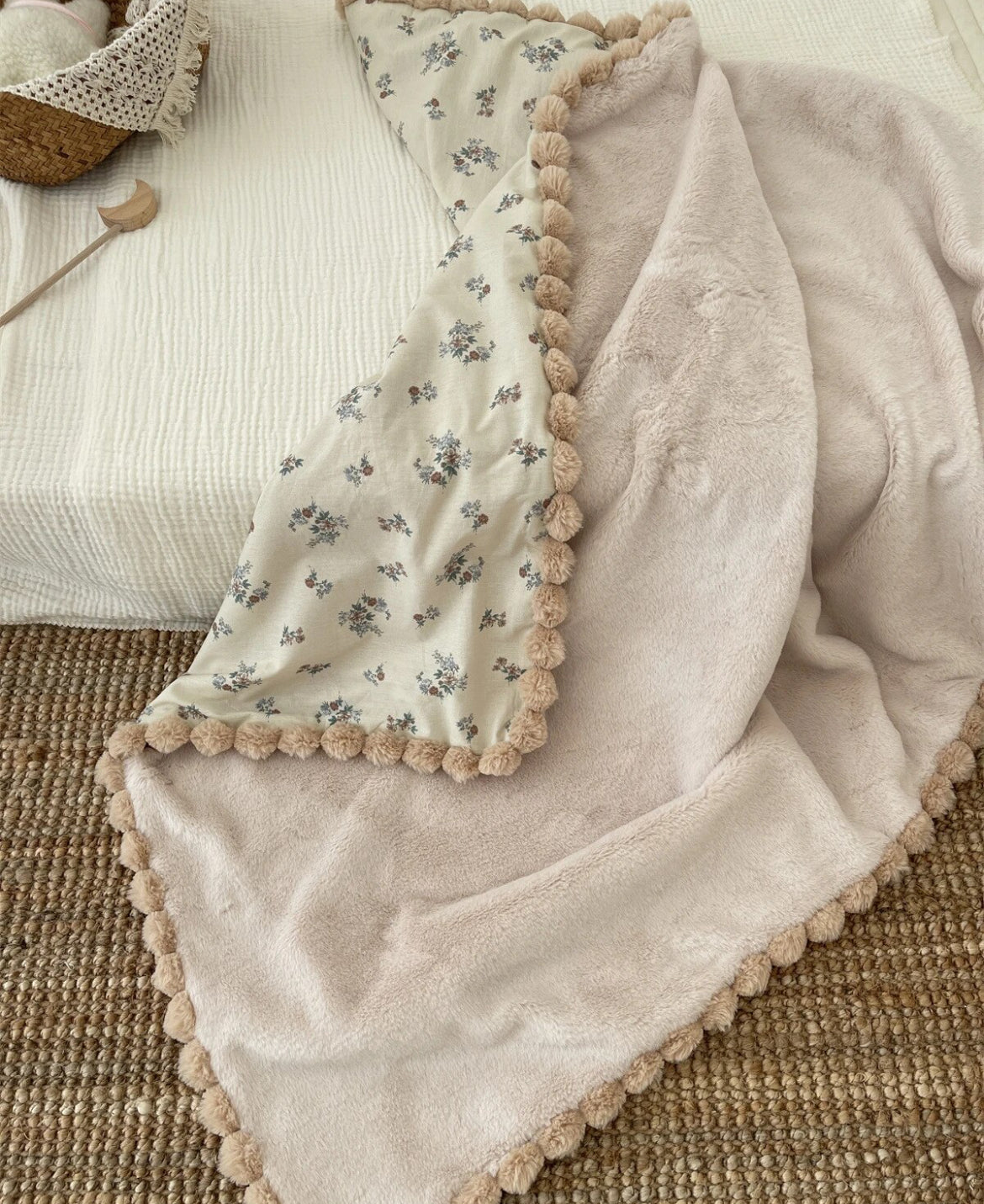 Warm Winter Baby Blanket, Pompom Blush and Blooms, Minky Quilt Bedding, 35*51 inches