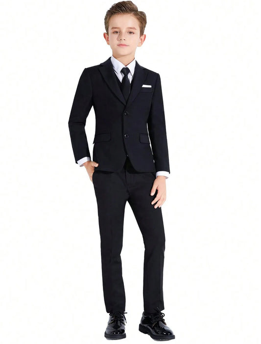 Black , 5pcs/set Little Boys' Suit Set With Pants, Vest, Shirt，Tie And Jacket