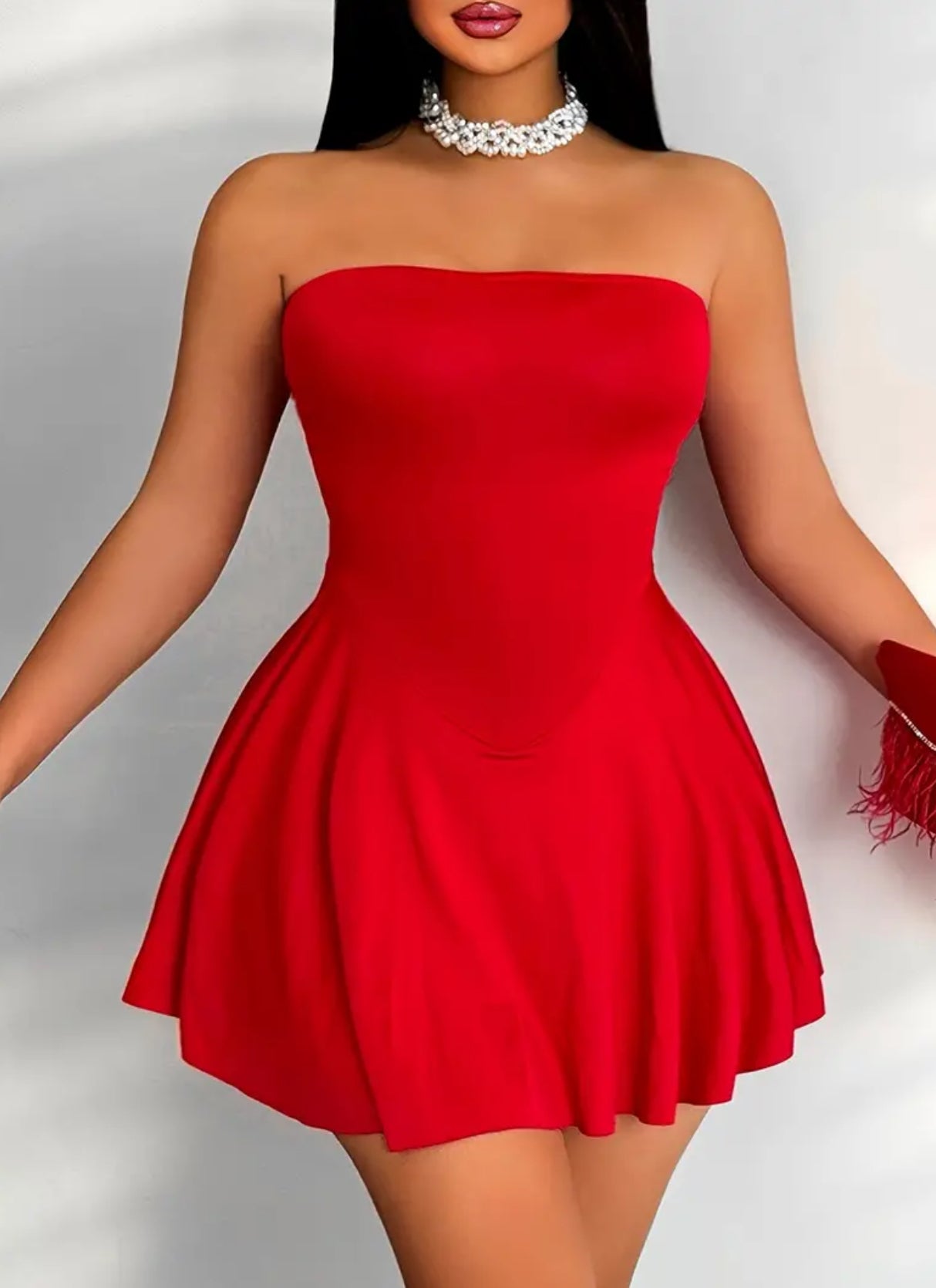 “Flirty” Backless Bandeau Mini Dress - High Elasticity, Sleeveless, Flared Hem, Fit and Flare Silhouette