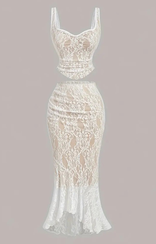 “Dreamy White Lace” Vest and Fish Tail Skirt, Two-piece