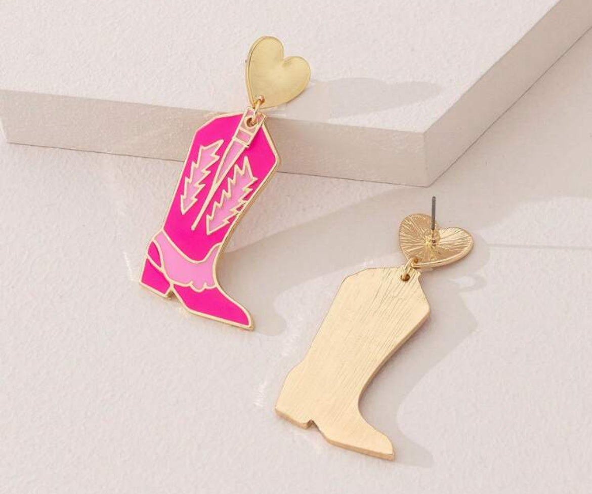 Bohemian Boot Shape Dangle Earrings With Pink Design, Alloy Gold Heart