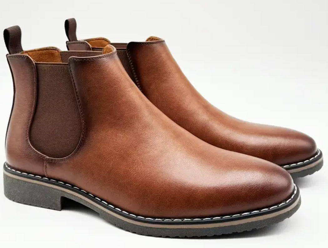 “Bronx” Men’s Chelsea Ankle Boots, Solid Color PU Upper, Inner & Insole, Slip-On Design, Comfortable Ankle Height