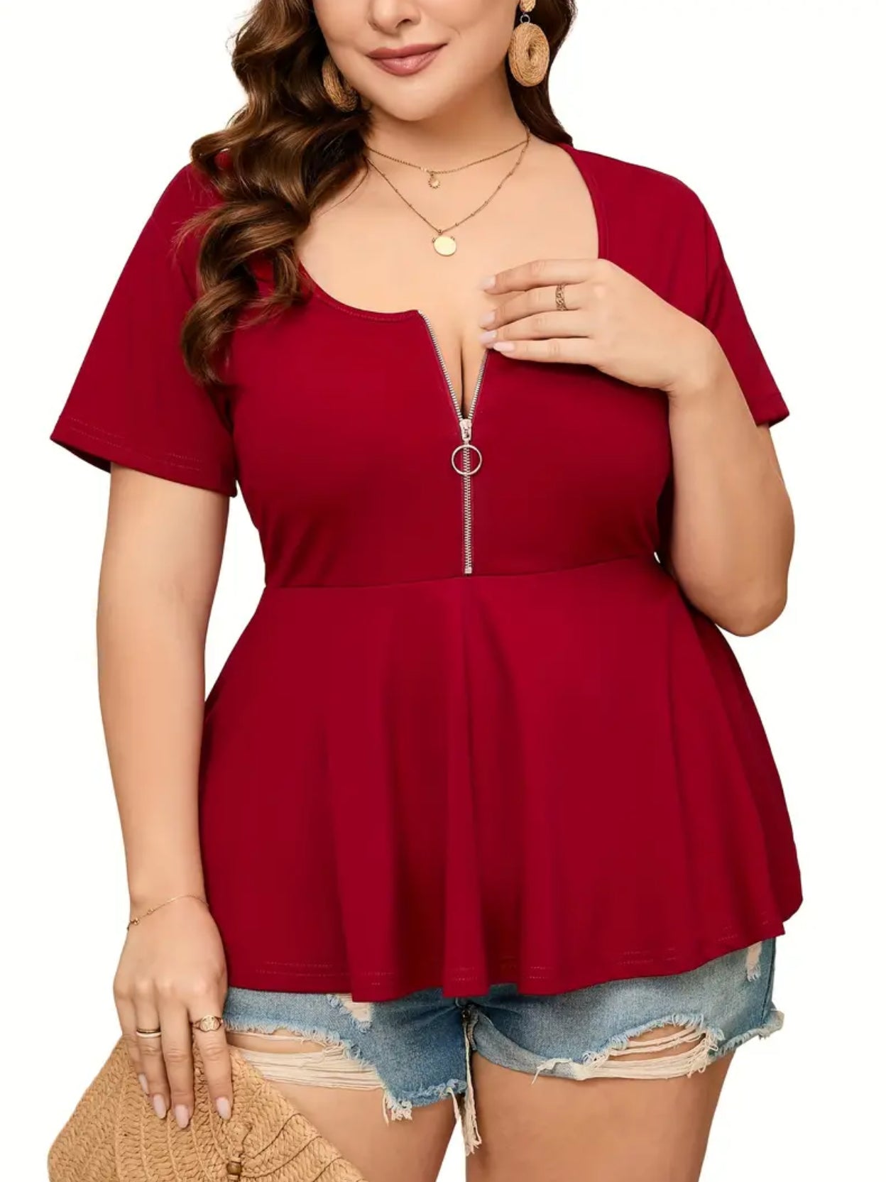 “Zip Up” Casual Ruffle Hem Short Sleeve Top, up to 5xl